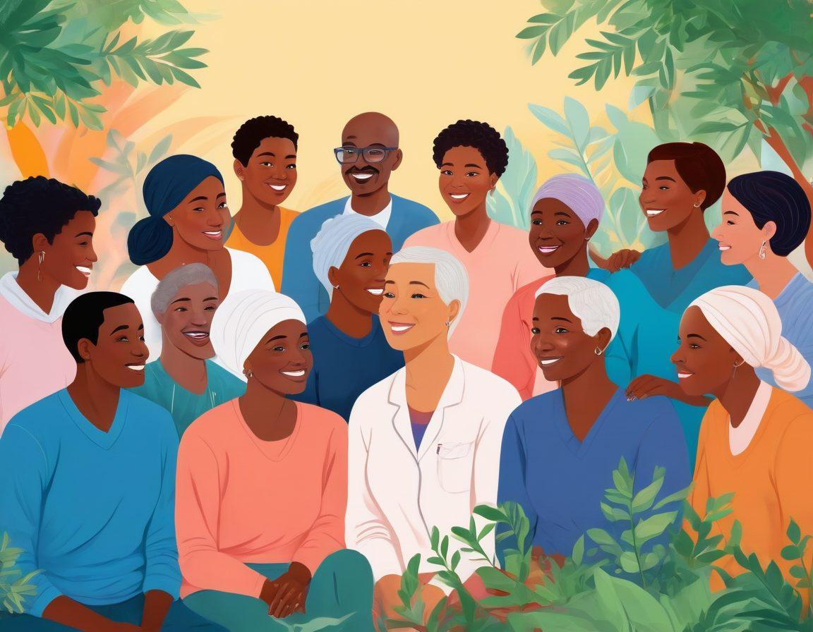 A vibrant illustration of a diverse group of people, including cancer survivors, support advocates, and healthcare professionals, gathered together in a warm community space. They are engaged in a heartfelt conversation, symbolizing unity and collaboration. Flourishing plants and supportive messages decorate the background, representing hope and resilience. Soft, inviting colors to evoke a sense of comfort and connection. vector art. vibrant colors. warm background.